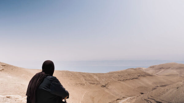 A person wearing a dark headscarf and coat sits on a pale rocky outcrop, gazing across a vast, sunlit desert landscape. The scene is dominated by open blue sky and a sweeping view of dusty hills and distant ridges, evoking a sense of solitude and contemplation.
