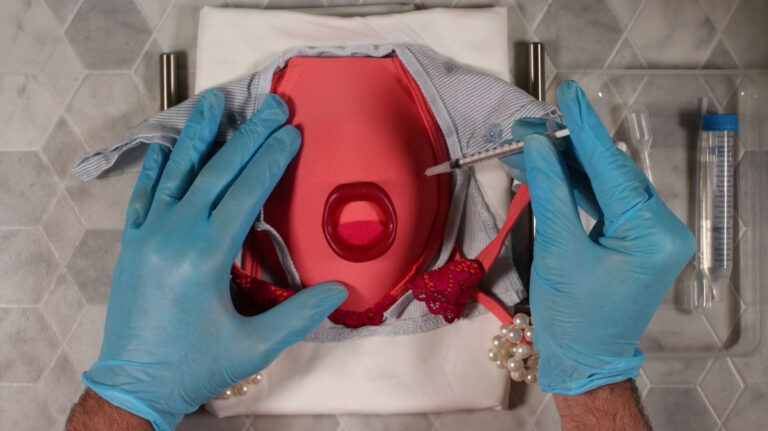 A pair of gloved hands perform a medical demonstration or simulation on an anatomical model resembling pelvic anatomy. The model is partially dressed with fabric and accessories, and a syringe is being used. Various medical instruments and containers are visible on the side.