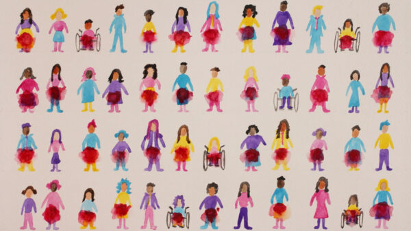 This illustration shows rows of diverse figures representing people of various ages, genders, skin tones, and physical abilities. Many wear clothing with a prominent red area in the lower torso, suggesting menstrual or reproductive health themes. Some figures are shown in wheelchairs, and the composition conveys inclusion and the prevalence of experiences related to menstruation or pelvic health across populations.