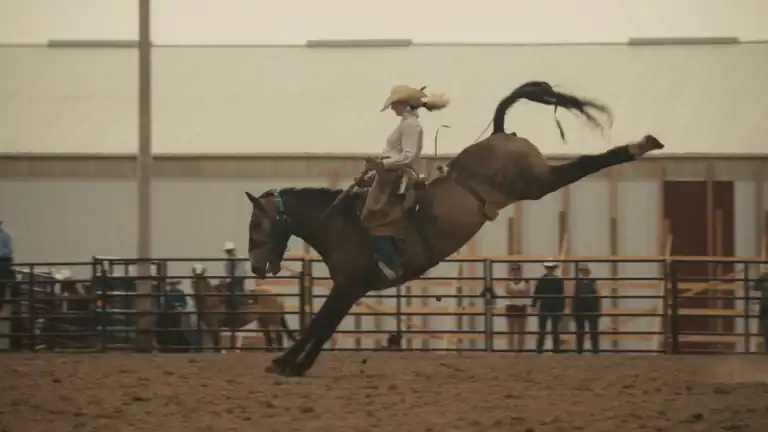 Horse and rider performing a high jump in an indoor equestrian arena with spectators watching.