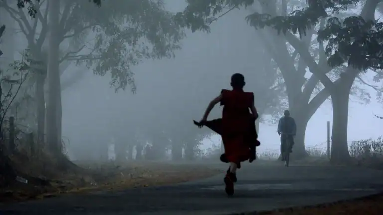 A person running on a foggy road surrounded by trees, with another person walking in the distance, creating a mysterious and atmospheric scene.