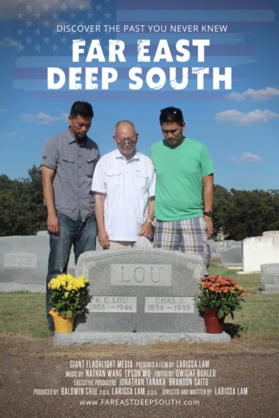 Three men stand by a gravestone marked "C. Lou" in a cemetery, with flowers placed nearby. The image includes the title "Far East Deep South" and film production credits.