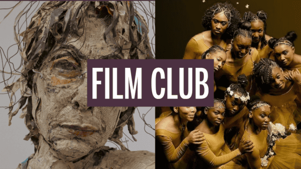 A graphic with "FILM CLUB" in bold letters over two images: a person covered in paper strips on the left, and a group of women in gold outfits posing together on the right.