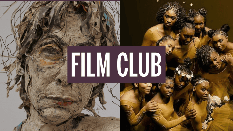 A graphic with "FILM CLUB" in bold letters over two images: a person covered in paper strips on the left, and a group of women in gold outfits posing together on the right.