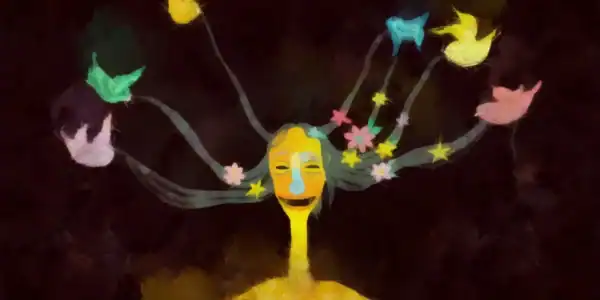 Colorful abstract illustration of a woman with flowing hair made of stars, flowers, and birds, symbolizing creativity and imagination in a vibrant artistic style.