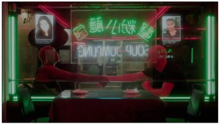 Two people exchanging a handshake in a neon-lit setting with framed photos and Asian characters on the wall, creating a vibrant, modern atmosphere.