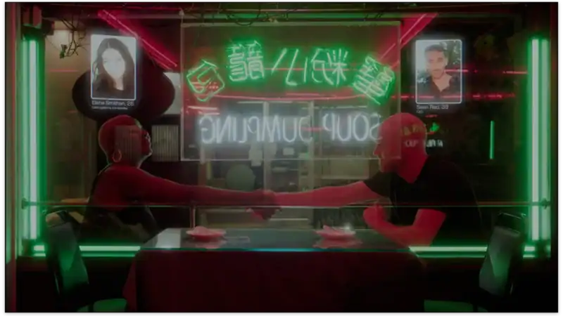 Two people exchanging a handshake in a neon-lit setting with framed photos and Asian characters on the wall, creating a vibrant, modern atmosphere.