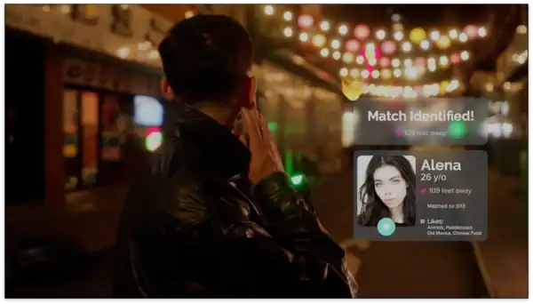 Person using a dating app on a smartphone at night with match notification for Alena, 26, 100 feet away, in a lively outdoor setting with colorful string lights.