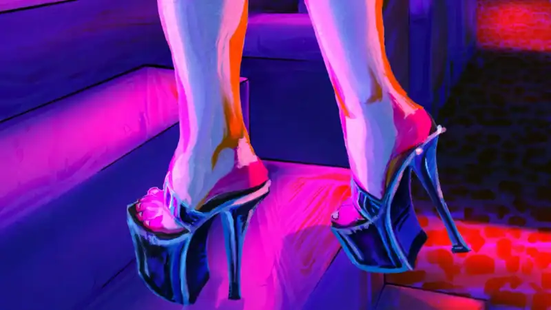 An animated close-up of a person's legs and feet wearing high-heeled shoes on a neon-lit dance floor.