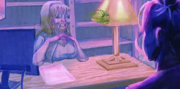 Animated scene of two women having a serious conversation in a cozy room with a lamp and bookshelf.