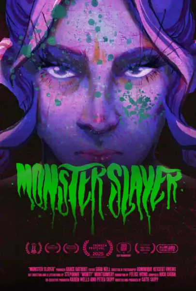 Close-up of a animated woman's face with purple and blue makeup, intense eyes, and green splatters, with the title 'Monster Slayer' in bright green dripping letters at the bottom.