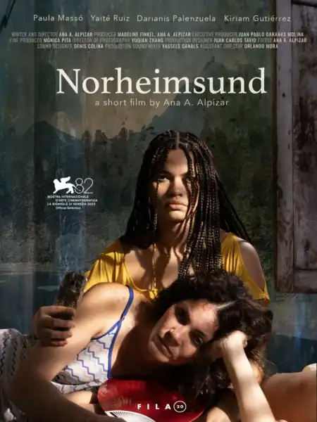 Promotional poster for the short film Norhemund featuring two women, one with braided hair and the other resting her head on her shoulder, set against a textured background.
