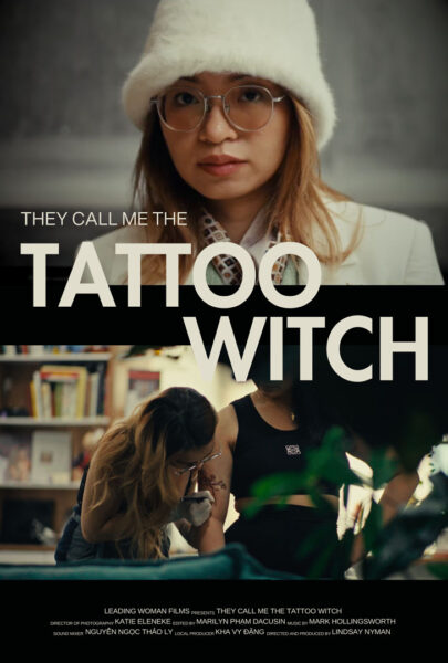 A poster for the film, made up of two images. Top: woman looking into the camera; Bottom: A tattoo artist working on a tattoo for a client
