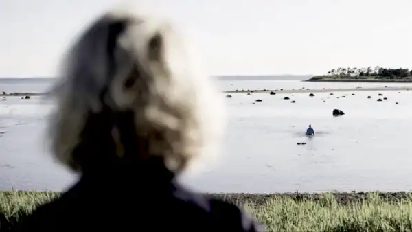 Person with gray hair overlooking a calm beach with rocks and a distant shoreline, capturing a peaceful seaside scene.
