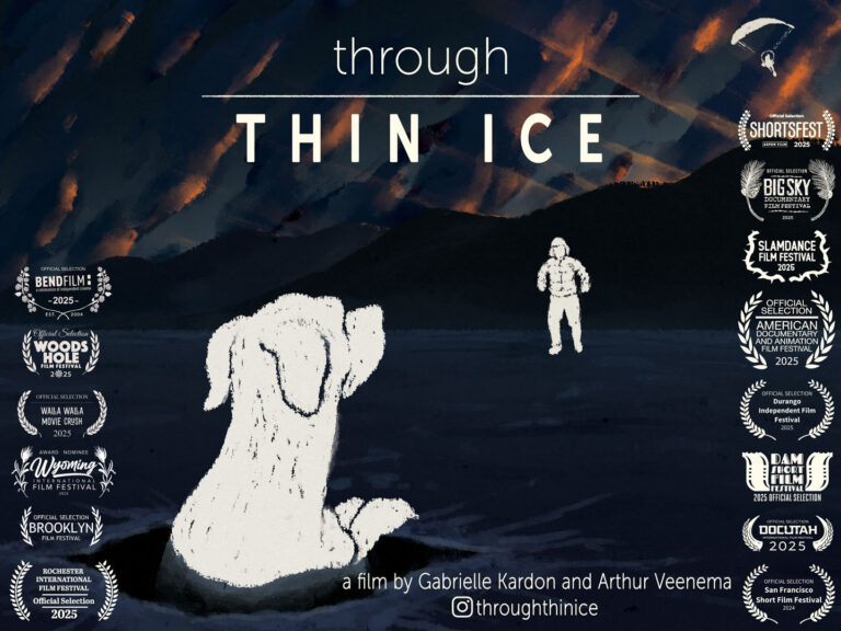 A stylized movie poster for the film "Through Thin Ice" features a large white sketch of a dog sitting on dark ground, gazing at a distant figure in a snowsuit. The background displays a dramatic, painterly night sky with orange and blue streaks. The film's title "Through Thin Ice" is centered at the top, with laurels for various film festival selections lining both sides. Credits at the bottom read "a film by Gabrielle Kardon and Arthur Veenema" and the Instagram handle @throughthinice.