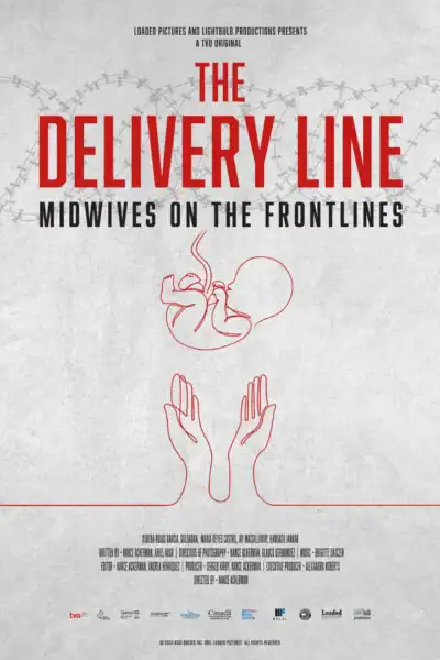 Poster for 'The Delivery Line: Midwives on the Frontlines' documentary featuring a minimalist design with a red outline of a fetus and open hands, emphasizing maternal care and childbirth.
