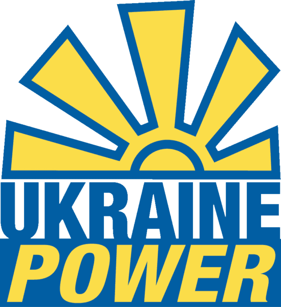 Logo with blue and yellow sunburst above the words "UKRAINE POWER" in bold blue and yellow text.