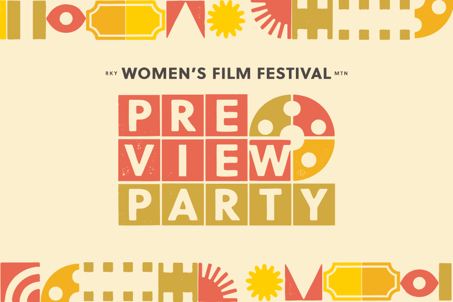 A stylized graphic for the "Rocky Women's Film Festival" Preview Party. The design features bold, blocky letters spelling out "PREVIEW PARTY," with some letters set inside retro-styled squares and a film reel illustration. The colors are muted red, yellow, and cream, and geometric shapes decorate the top and bottom borders for a festive feel.