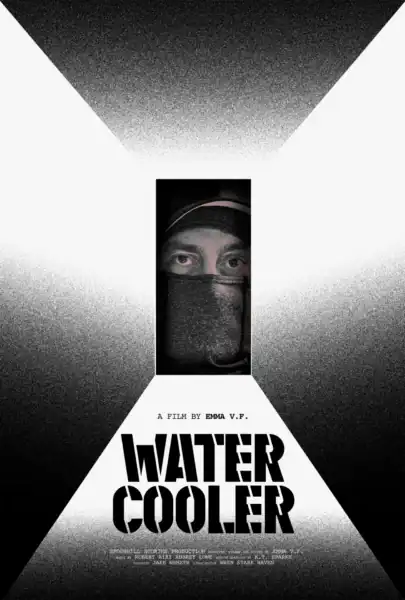 Close-up of a person's eyes and forehead wearing a black face mask, with a black and white film poster for 'Water Cooler' in the background, emphasizing mystery and intrigue.
