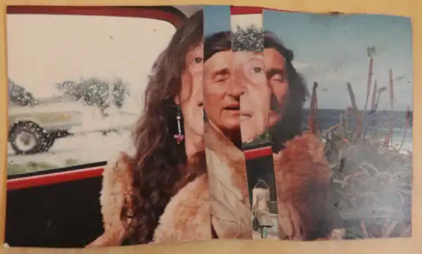 A collage of two faces, one of a woman with long hair and earrings, and one of a man with dark hair, combined with a landscape and a car in the background.