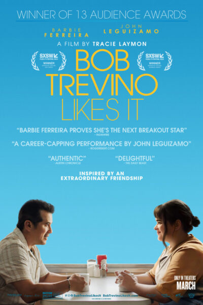 A man and a woman sit across from each other at a diner table, with the text "Bob Trevino Likes It" above them.