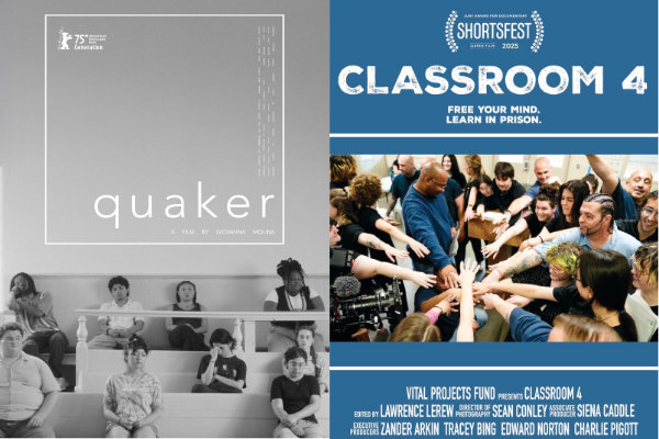 Two film posters side by side: "Quaker" in grayscale with seated people, and "Classroom 4" in blue featuring a lively classroom scene and educational tagline.