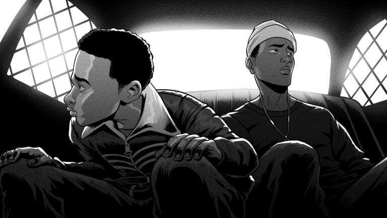 Two animated young men sitting in the backseat of a car, one looking out the window and the other looking forward, in black and white.