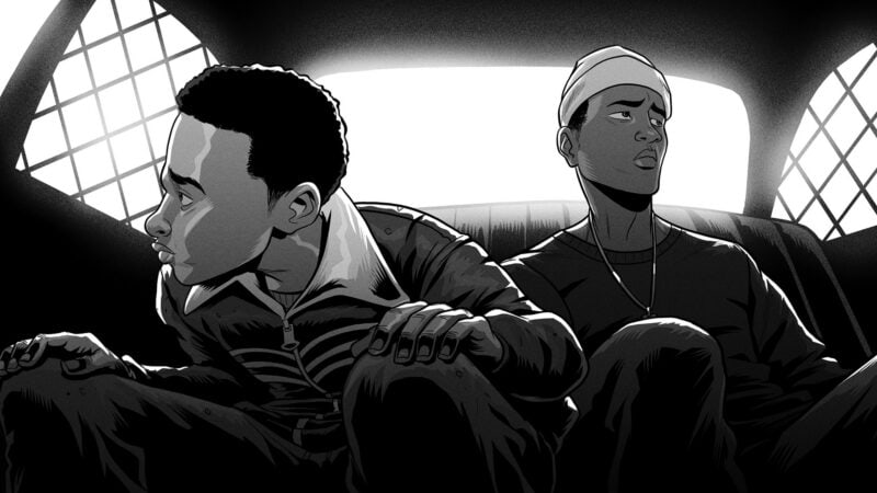 Two animated young men sitting in the backseat of a car, one looking out the window and the other looking forward, in black and white.