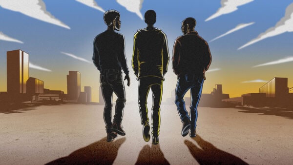 Three animated people walking together in an urban setting at sunset.